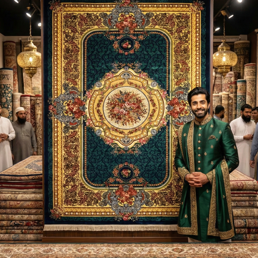 Luxurious 7 ft x 10 ft Persian Silky Ronika Area Rug - Dark Blue with Multi-Color Accents