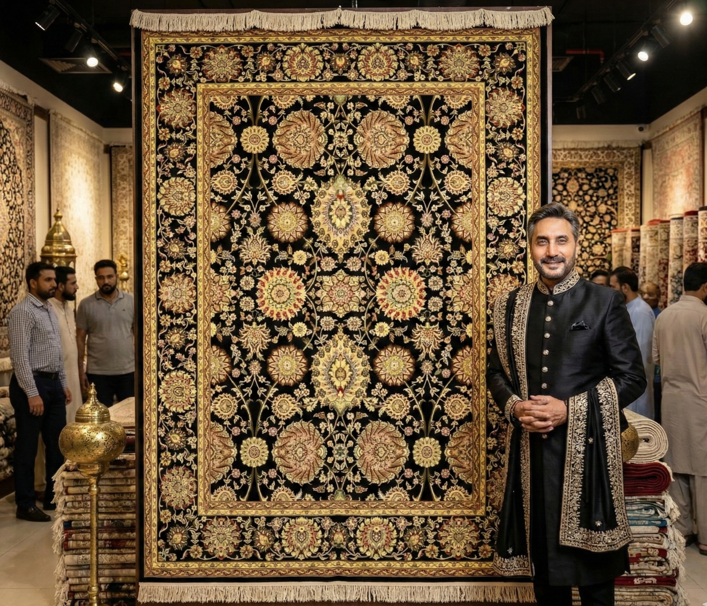 Elegant 10 ft x 13 ft Persian 1200 Reeds Area Rug - Farsh Estark 1 - Black, Beige, and Multi Colors