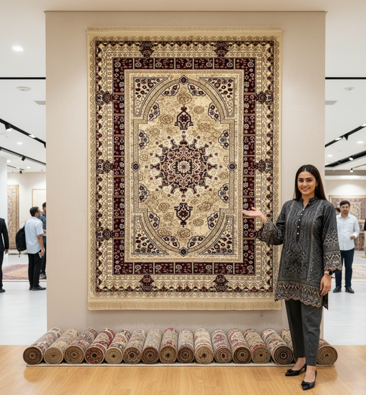 Turkish Rug - Golden Mirage Collection - Beige & Maroon Medallion Elegance