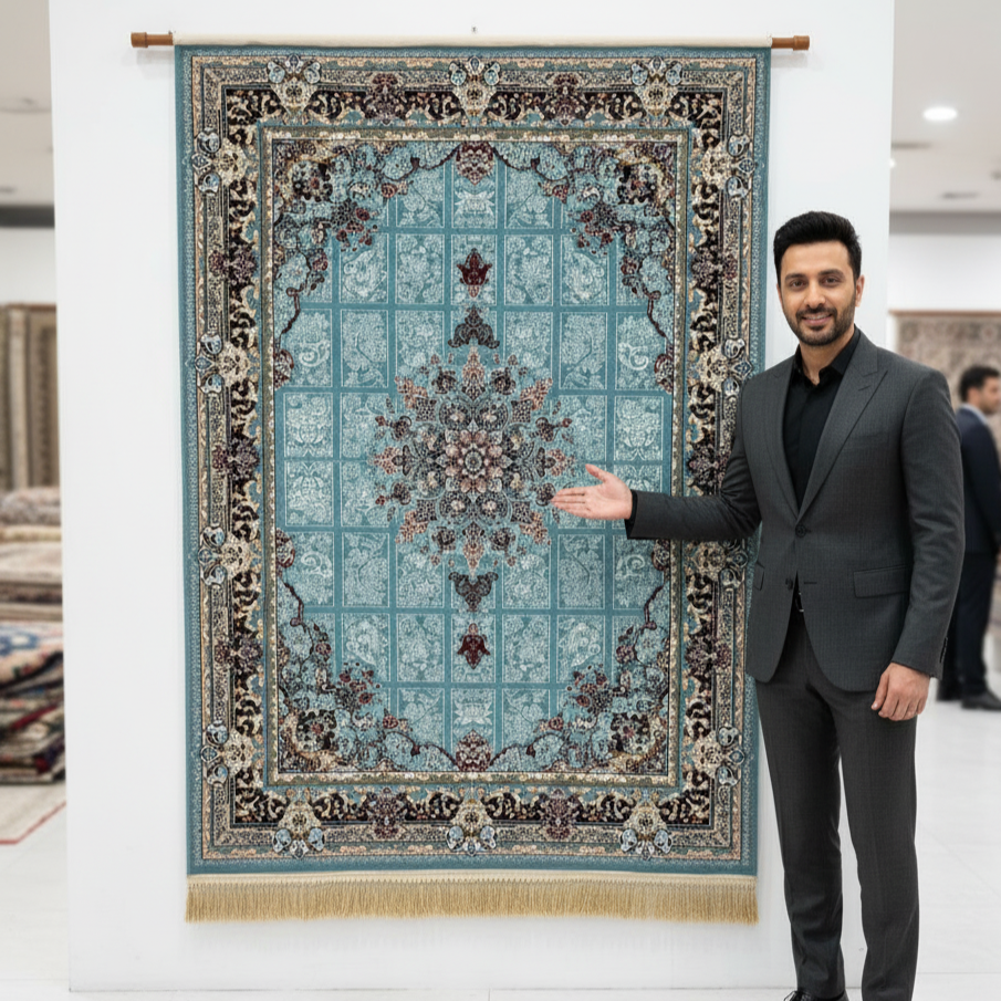 5 ft x 8 ft Persian Rug - Kashan Grace Collection - 500 Reeds - Blue Medallion Traditional Design