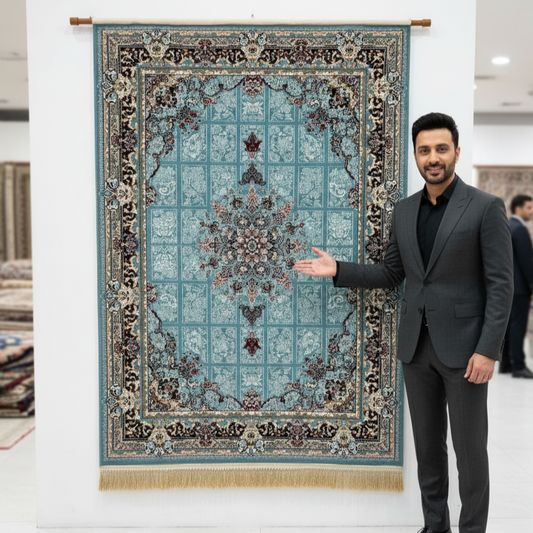 5 ft x 8 ft Persian Rug - Kashan Grace Collection - 500 Reeds - Blue Medallion Traditional Design