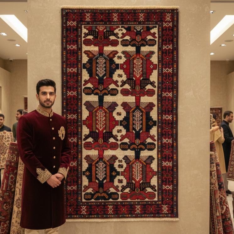 Handmade Afghan Wool Rug with Gul Barjasta Motifs - 3ft x 5ft - Red, Blue, and Beige