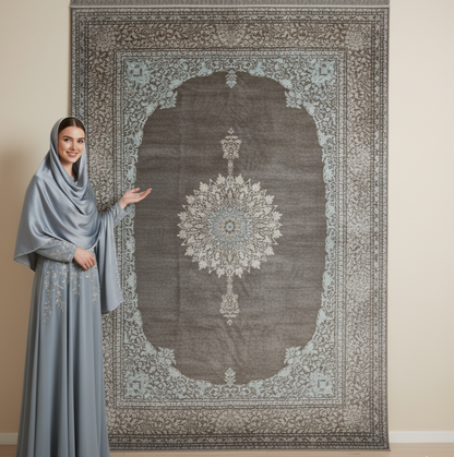 Luxury Persian Rug 8 ft x 11 ft | Beheshti Tabriz 1200 Reeds | Silk & Cotton, Charcoal Elegance