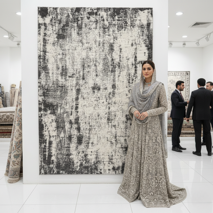 7ft x 9ft Modern Shaggy Persian Rug - Koshani Puffy, Abstract Grey and White Design