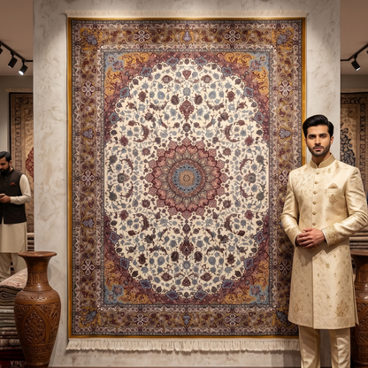 Persian Isfahan Floral Medallion Pure Silk Abresham Rug 8 ft x 11 ft