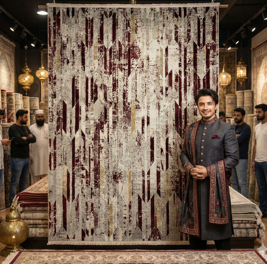 Luxurious 7 ft x 10 ft JD Turkish Silky Area Rug - Contemporary Grey and Red Wine Design