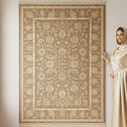 Persian Silk Rug 10 ft x 13 ft | Beheshti Tabriz 1200 Reeds | Rose Gold Luxury Floral Design