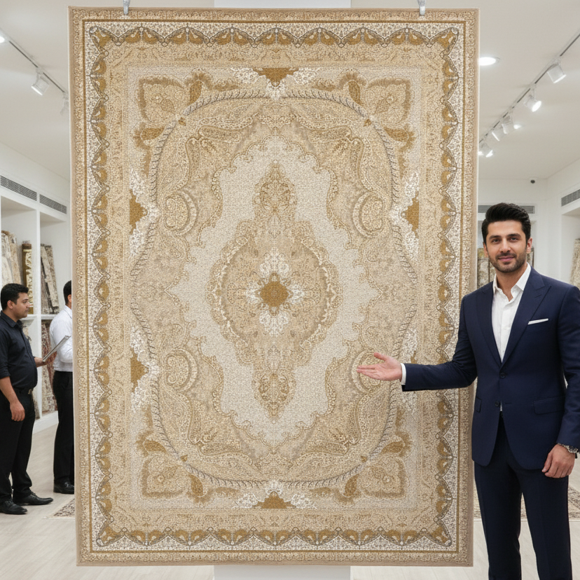 8x11 ft Persian Rug - Shajarkar Collection - Beige Silk Machine-Made Luxury