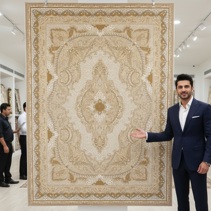 8x11 ft Persian Rug - Shajarkar Collection - Beige Silk Machine-Made Luxury