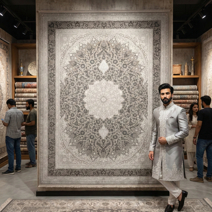 Persian Beheshti Rug – Bamboo Silk – 10×13 ft – 1500 Reeds – Taupe Ivory