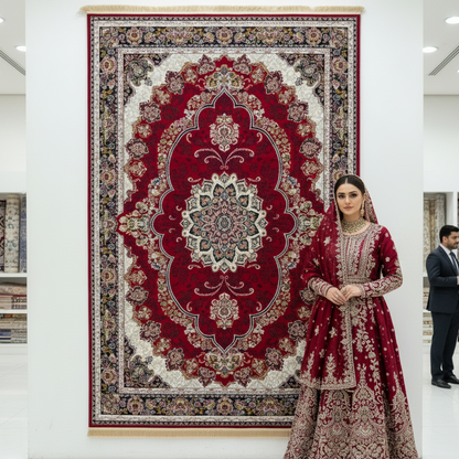 7ft x 10ft Persian Rug - Farsh e Nab, 500 Reeds, Acrylic & Polyester - Rich Red & Elegant Design