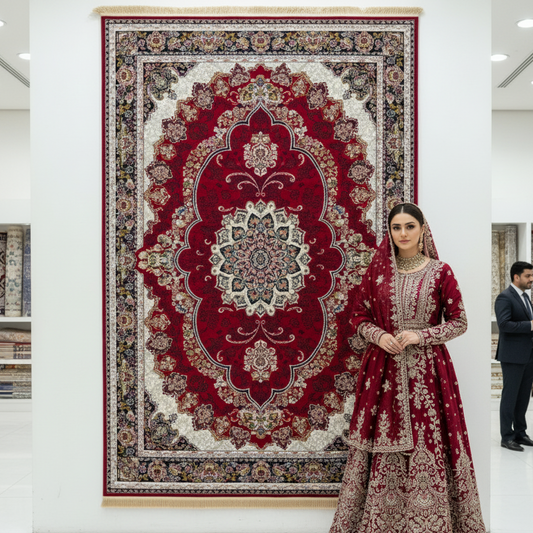 7ft x 10ft Persian Rug - Farsh e Nab, 500 Reeds, Acrylic & Polyester - Rich Red & Elegant Design