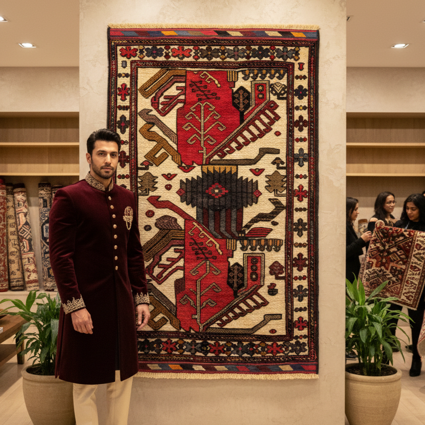 Handmade Afghan Wool Rug - Gul Barjasta - Geometric Patterns (3ft x 5ft) - Red, Blue, Brown, and Beige