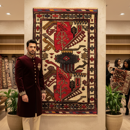 Handmade Afghan Wool Rug - Gul Barjasta - Geometric Patterns (3ft x 5ft) - Red, Blue, Brown, and Beige