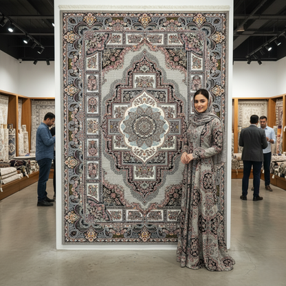 Elegant Gray Persian Rug 7 ft x 10 ft - 1000 Reeds - Farsh Nagin Chaman - Luxurious Geometric Medallion Design