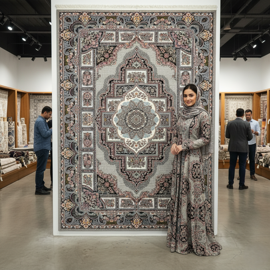 Elegant Gray Persian Rug 7 ft x 10 ft - 1000 Reeds - Farsh Nagin Chaman - Luxurious Geometric Medallion Design