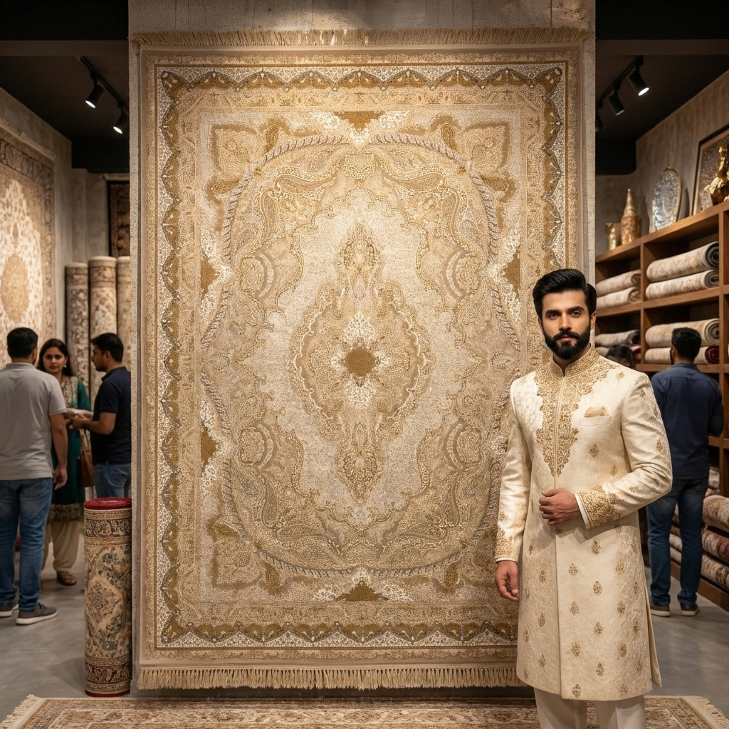 8x11 ft Persian Rug - Shajarkar Collection - Beige Silk Machine-Made Luxury