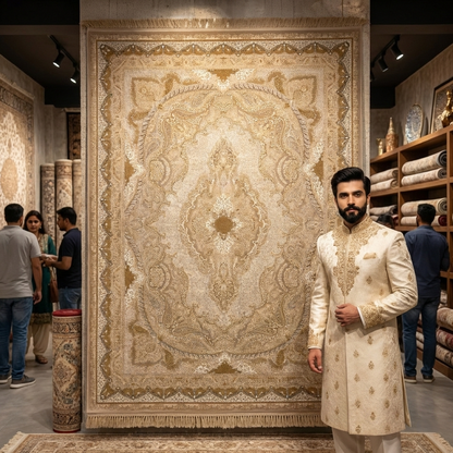 8x11 ft Persian Rug - Shajarkar Collection - Beige Silk Machine-Made Luxury