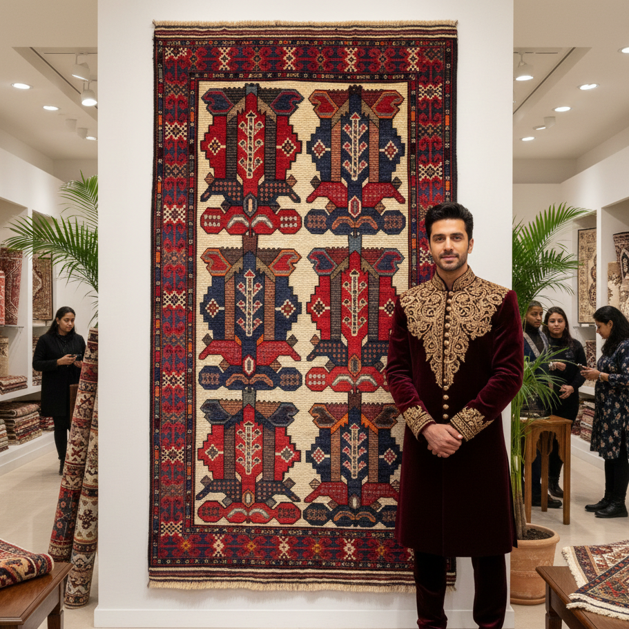 Handmade 3 ft x 5 ft Gul Barjasta Rug – Vibrant Red, Blue, and Beige Floral Motifs