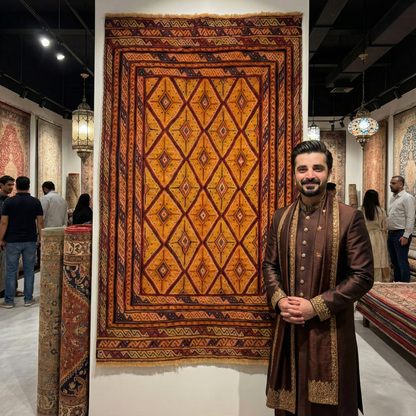 Handmade Rug with Yellow and Red Diamond Pattern – 2.5 ft x 5 ft
