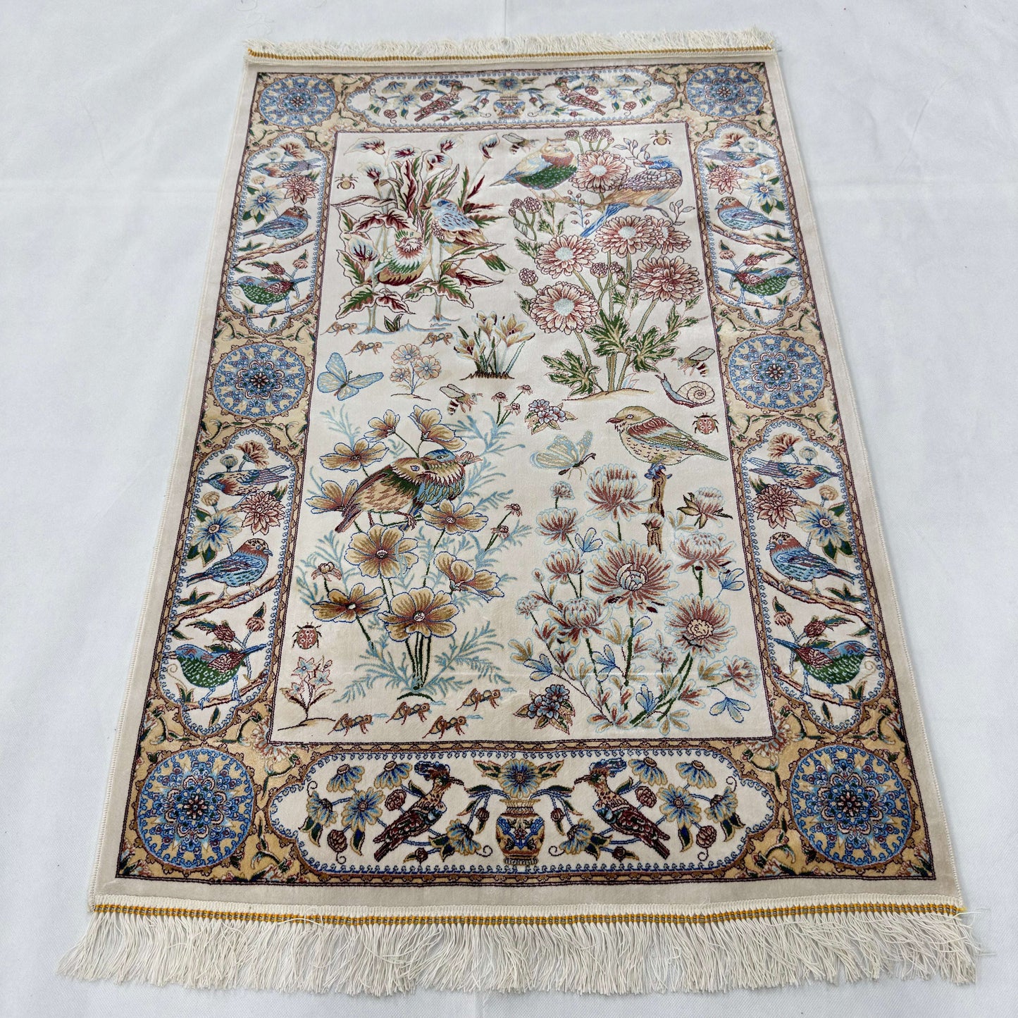 Persian Garden Birds Silk Rug 2.5 ft x 4 ft | Pure Silk Abresham