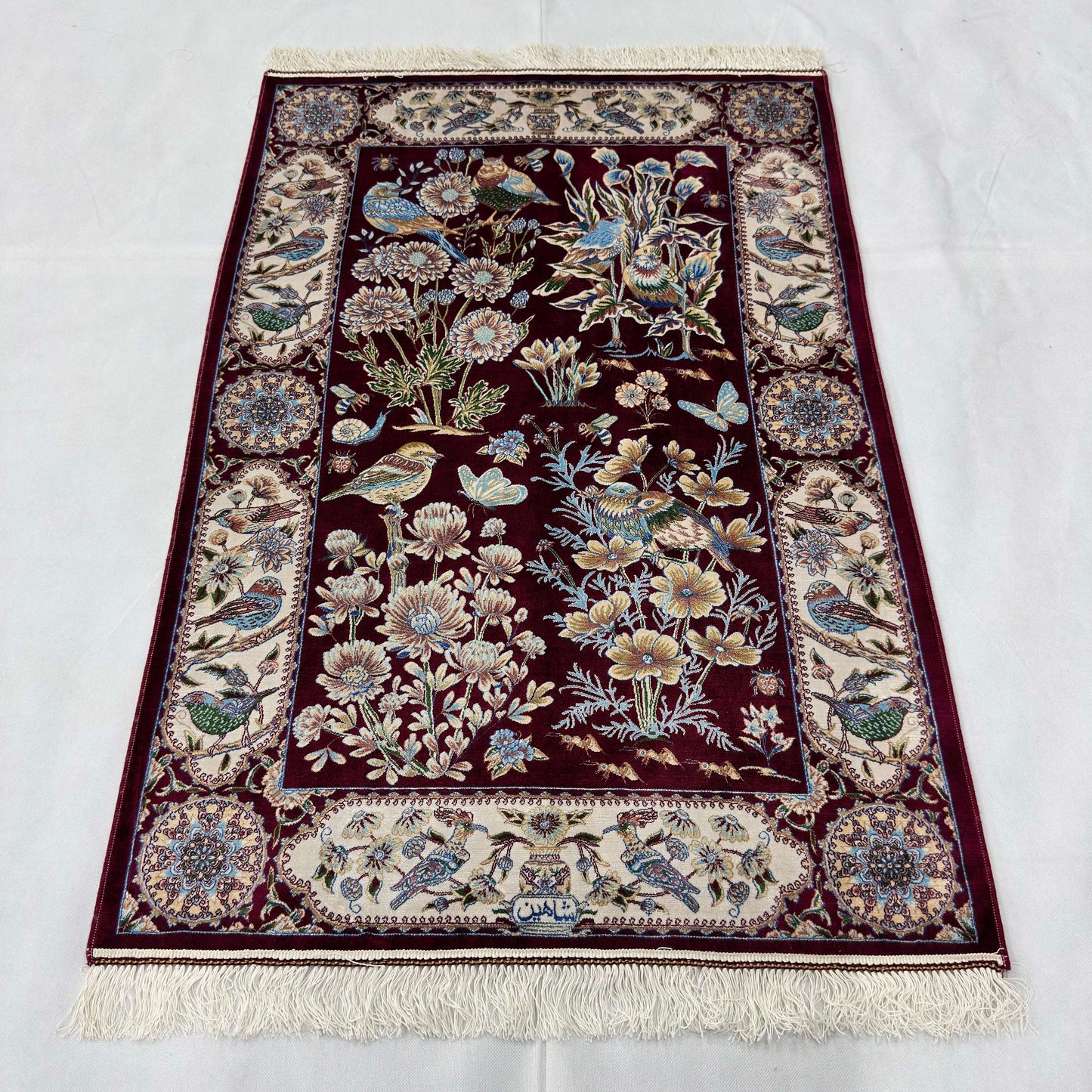 Persian Silk Garden Bird Rug 2.5 ft x 4 ft | Pure Silk Abresham 1600 Reed