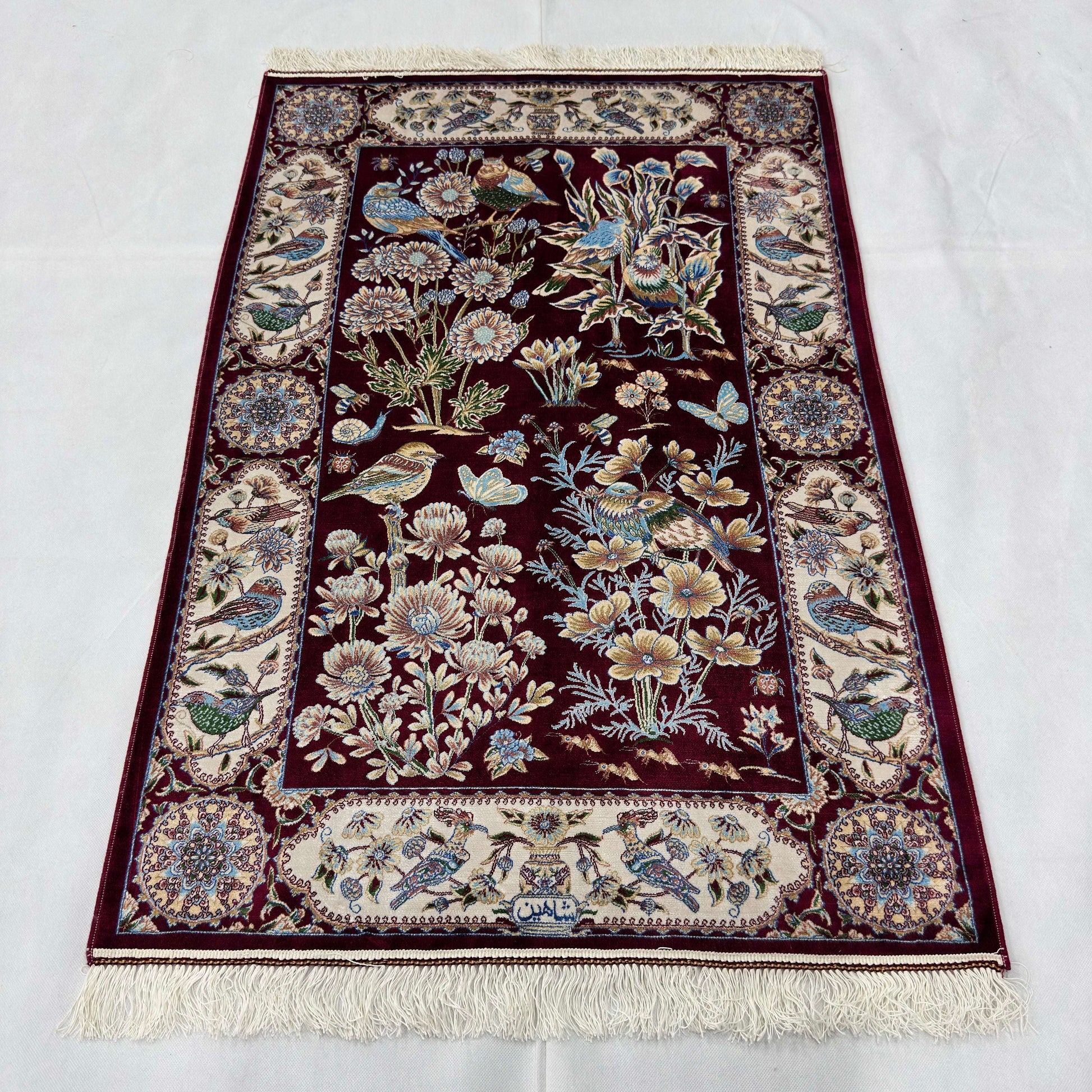 Persian Silk Garden Bird Rug 2.5 ft x 4 ft | Pure Silk Abresham 1600 Reed