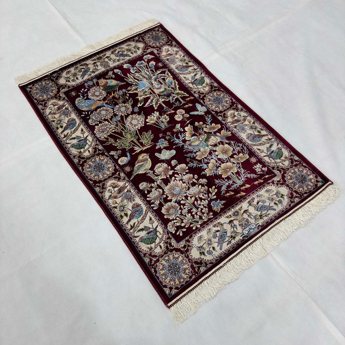 Persian Silk Garden Bird Rug 2.5 ft x 4 ft | Pure Silk Abresham 1600 Reed