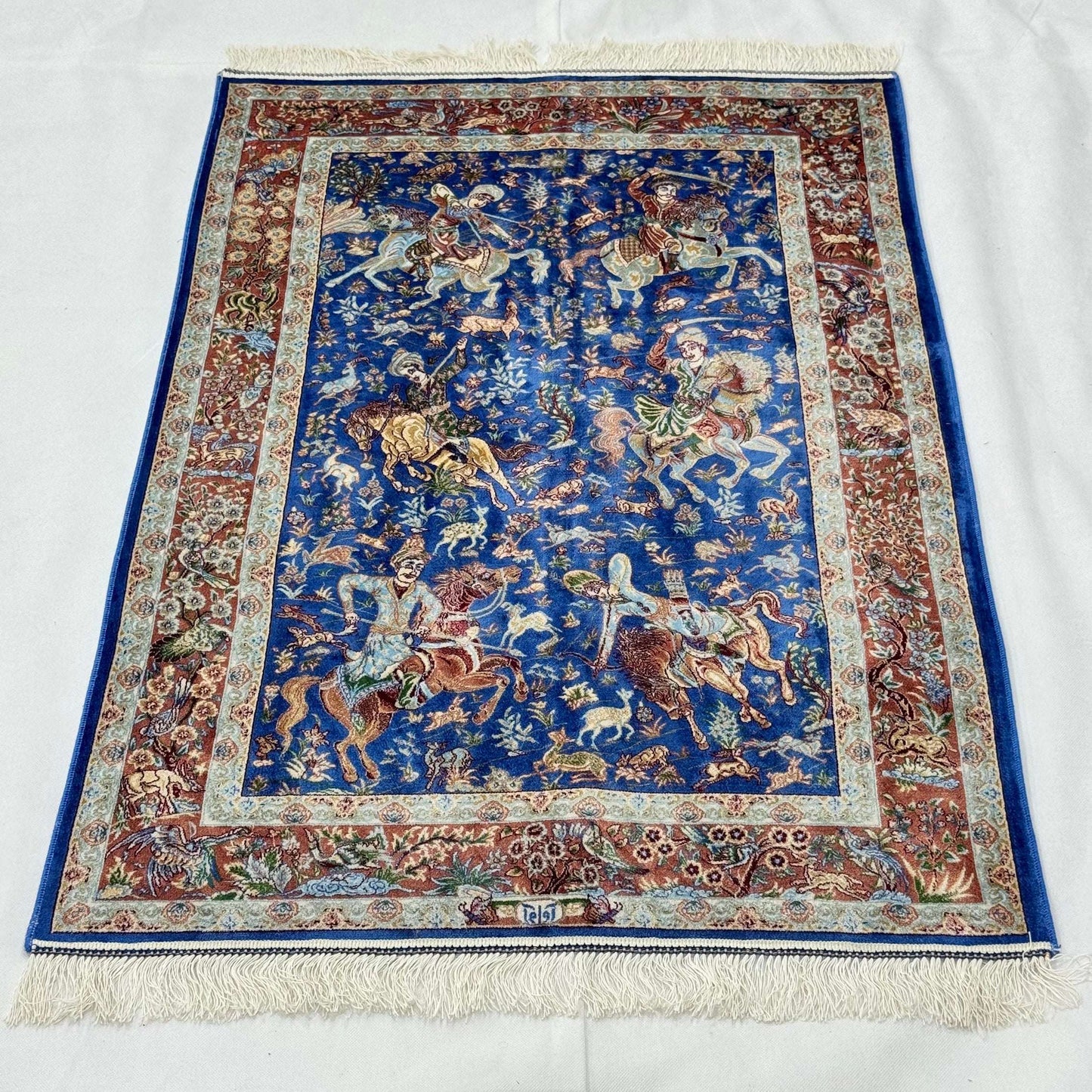 Persian Silk Hunt Scene Rug 2.5 ft x 4 ft | 1600 Reed Pure Silk Abresham