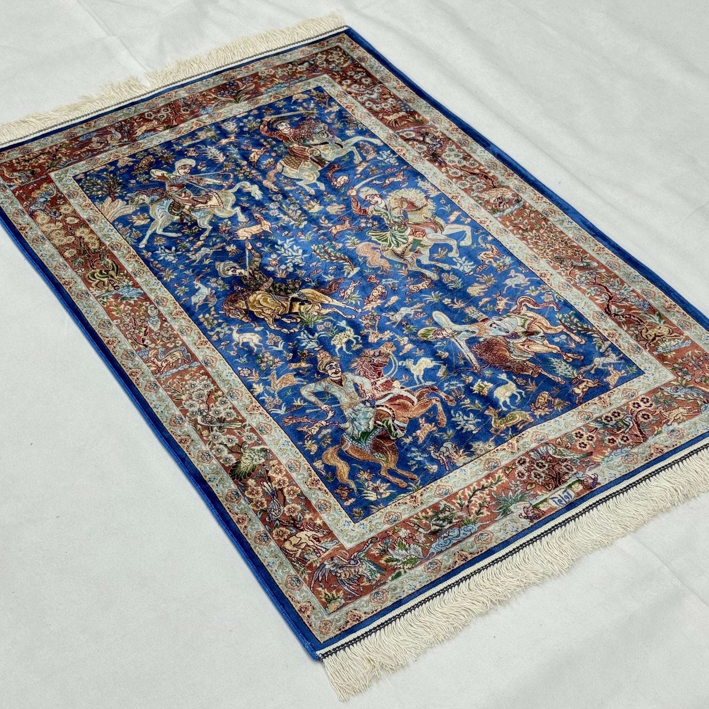 Persian Silk Hunt Scene Rug 2.5 ft x 4 ft | 1600 Reed Pure Silk Abresham