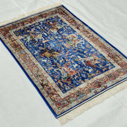 Persian Silk Hunt Scene Rug 2.5 ft x 4 ft | 1600 Reed Pure Silk Abresham