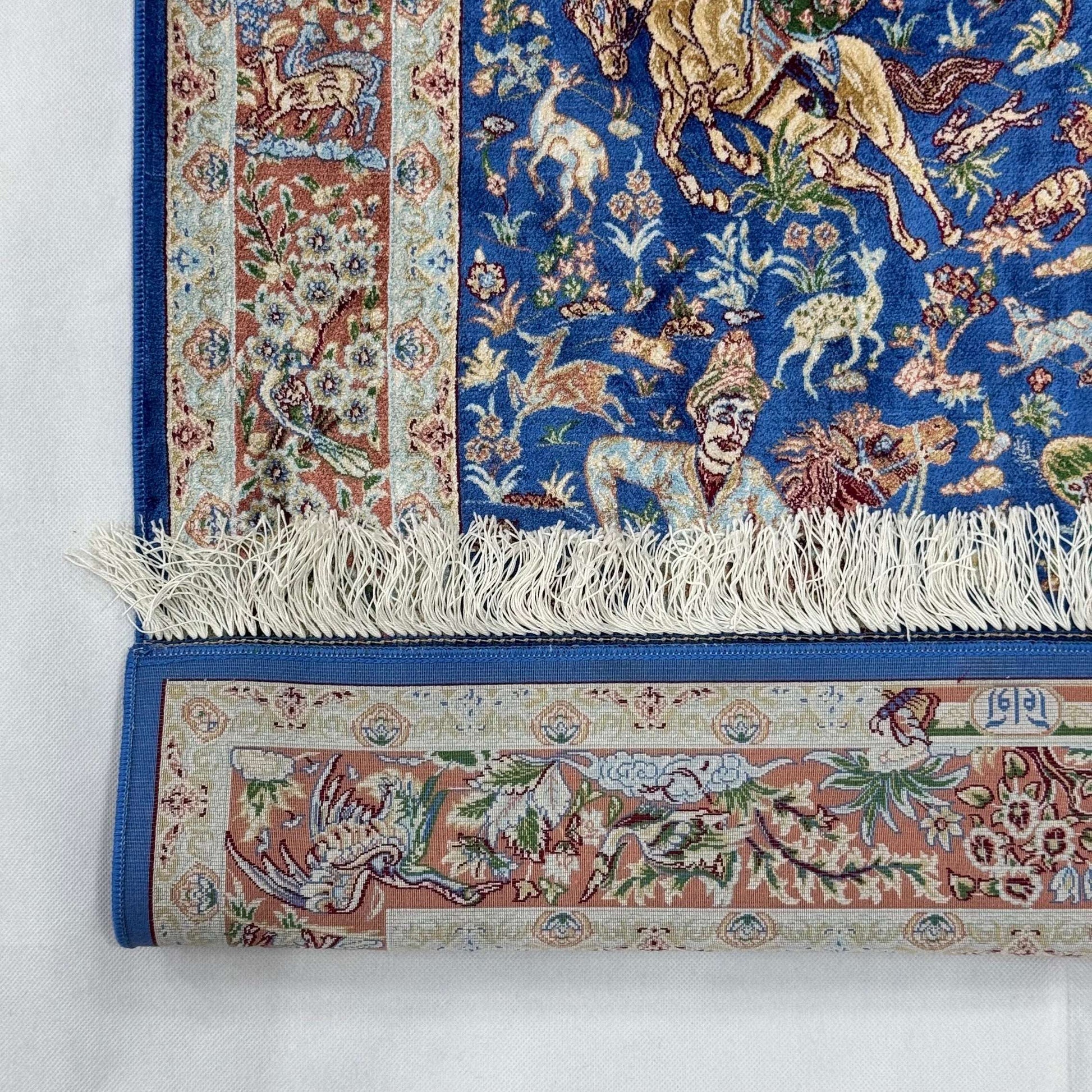 Persian Silk Hunt Scene Rug 2.5 ft x 4 ft | 1600 Reed Pure Silk Abresham