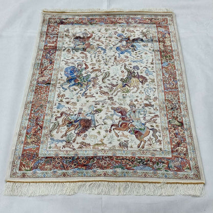 Persian Silk Hunting Scene Rug 2.5 ft x 4 ft | Pure Silk Abresham
