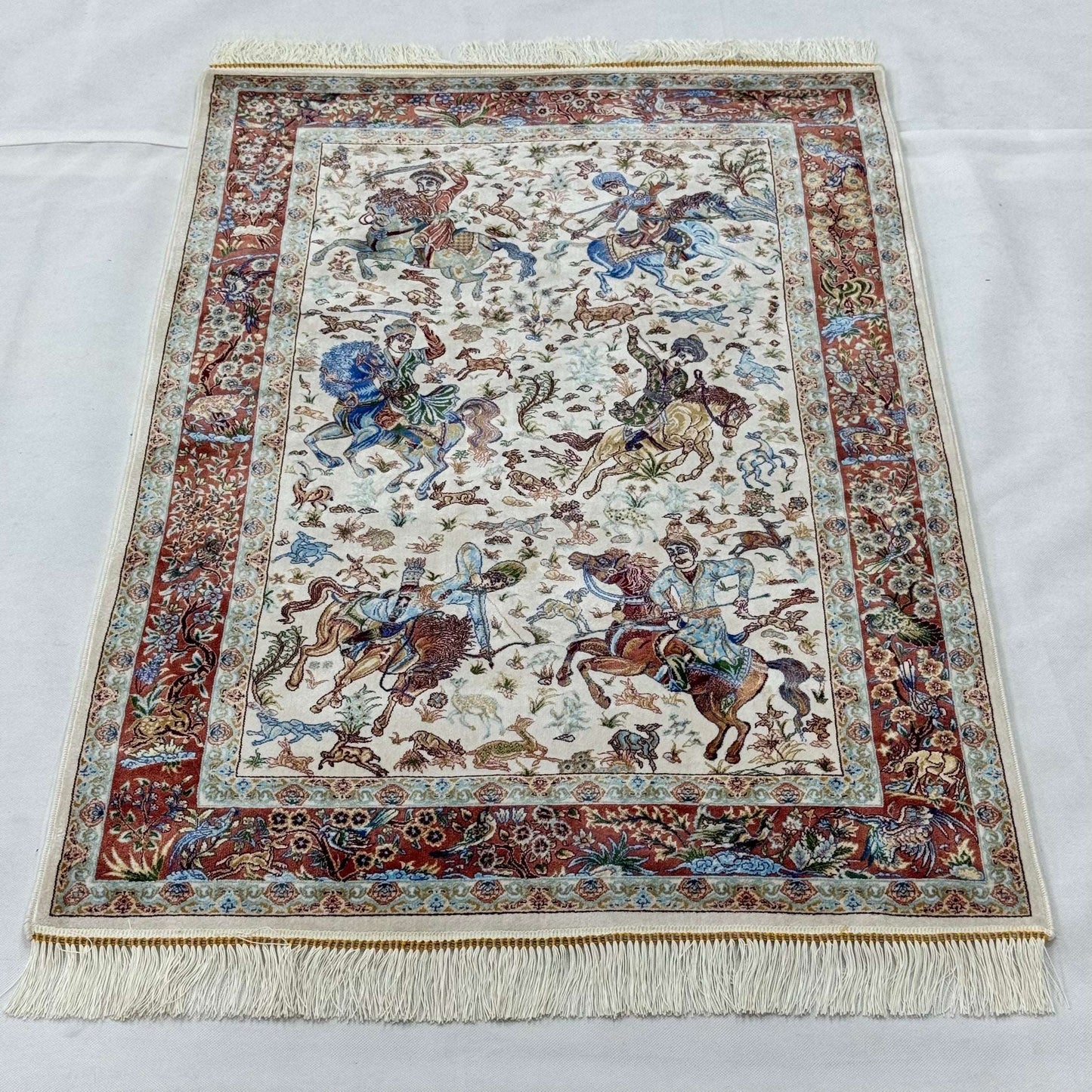 Persian Silk Hunting Scene Rug 2 ft x 3 ft | 1600 Reed Pure Silk Abresham
