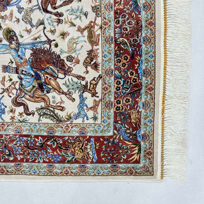 Persian Silk Hunting Scene Rug 2 ft x 3 ft | 1600 Reed Pure Silk Abresham