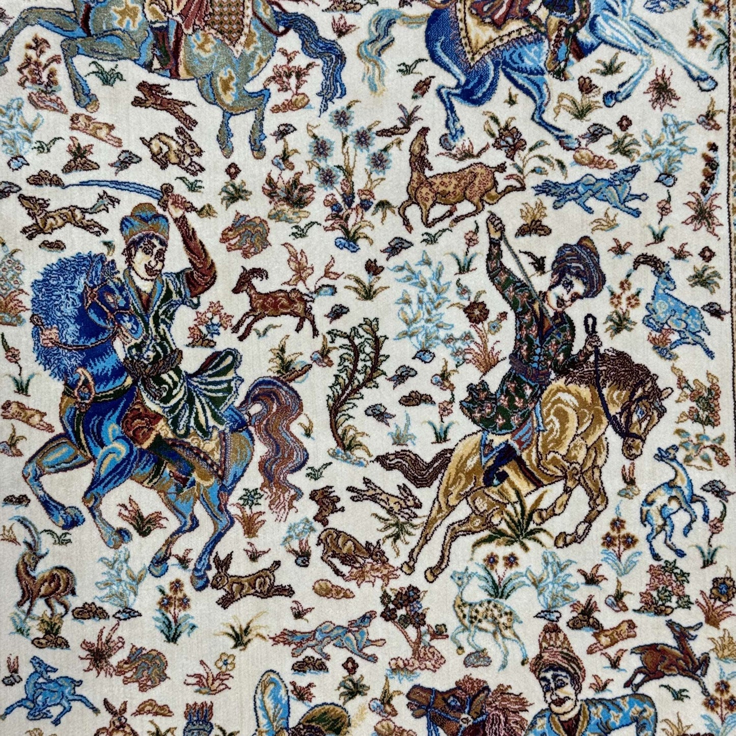 Persian Silk Hunting Scene Rug 2 ft x 3 ft | 1600 Reed Pure Silk Abresham
