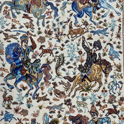 Persian Silk Hunting Scene Rug 2 ft x 3 ft | 1600 Reed Pure Silk Abresham