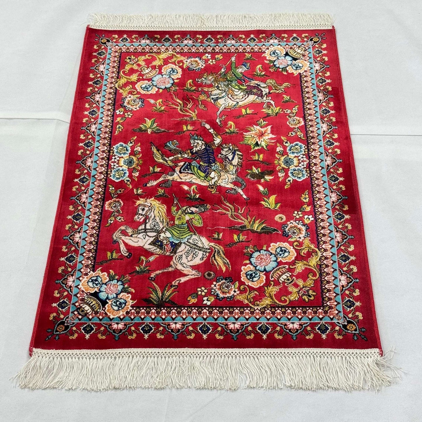 Persian Silk Hunting Scene Rug 2 ft x 3 ft | 1600 Reed Pure Silk Abresham