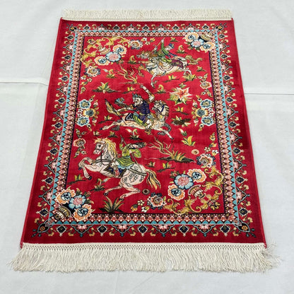 Persian Silk Hunting Scene Rug 2 ft x 3 ft | 1600 Reed Pure Silk Abresham