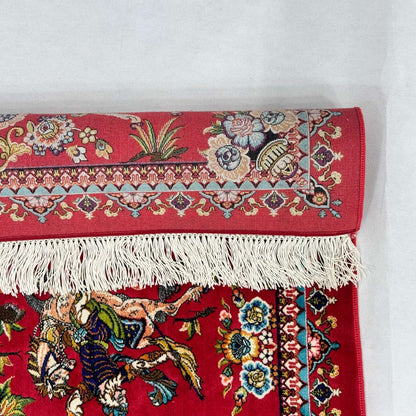 Persian Silk Hunting Scene Rug 2 ft x 3 ft | 1600 Reed Pure Silk Abresham