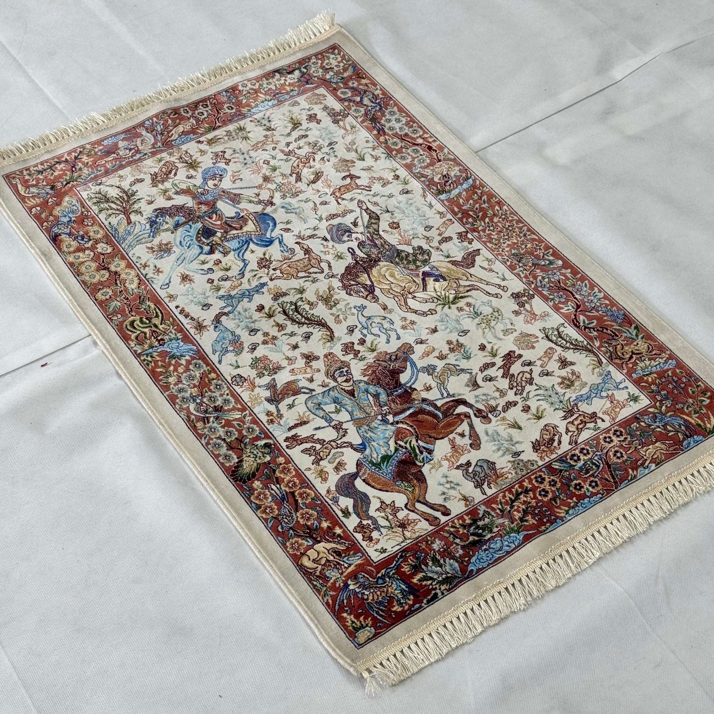 Persian Silk Hunting Scene Rug 2 ft x 3 ft | Pure Silk | 1600 Reeds