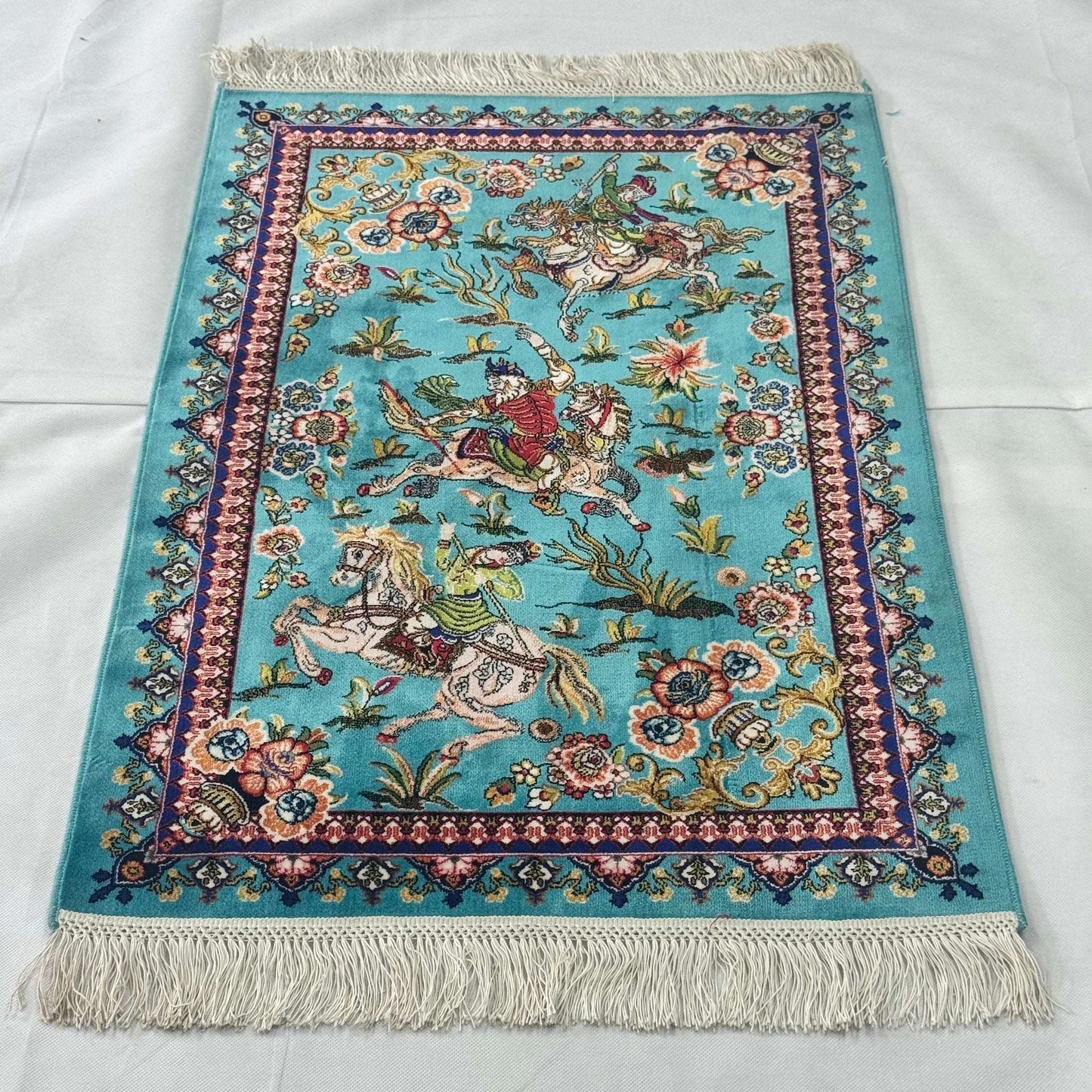Persian Silk Hunting Scene Rug 2 ft x 3 ft | Teal Floral Equestrian