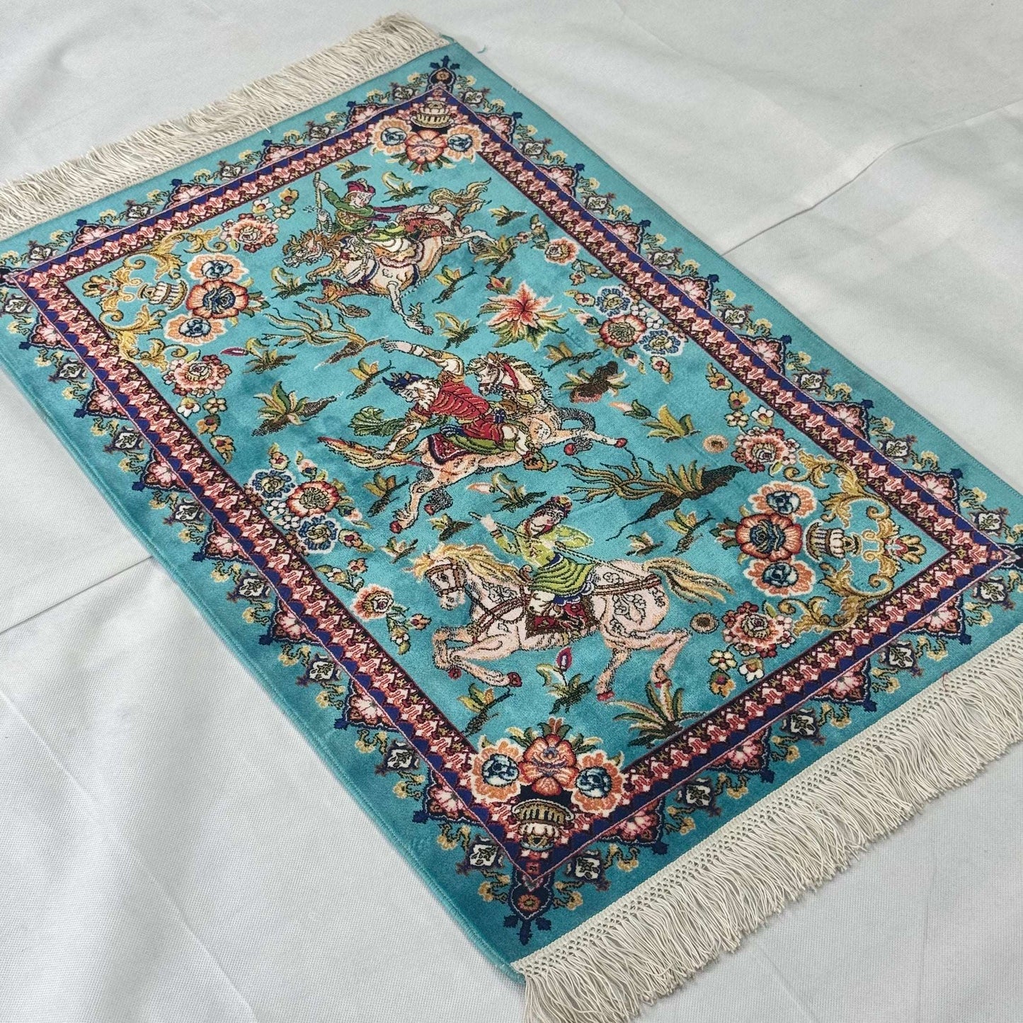 Persian Silk Hunting Scene Rug 2 ft x 3 ft | Teal Floral Equestrian