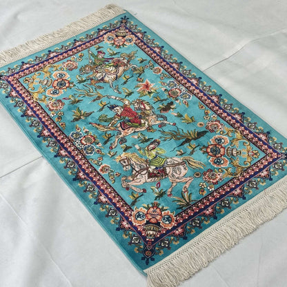 Persian Silk Hunting Scene Rug 2 ft x 3 ft | Teal Floral Equestrian