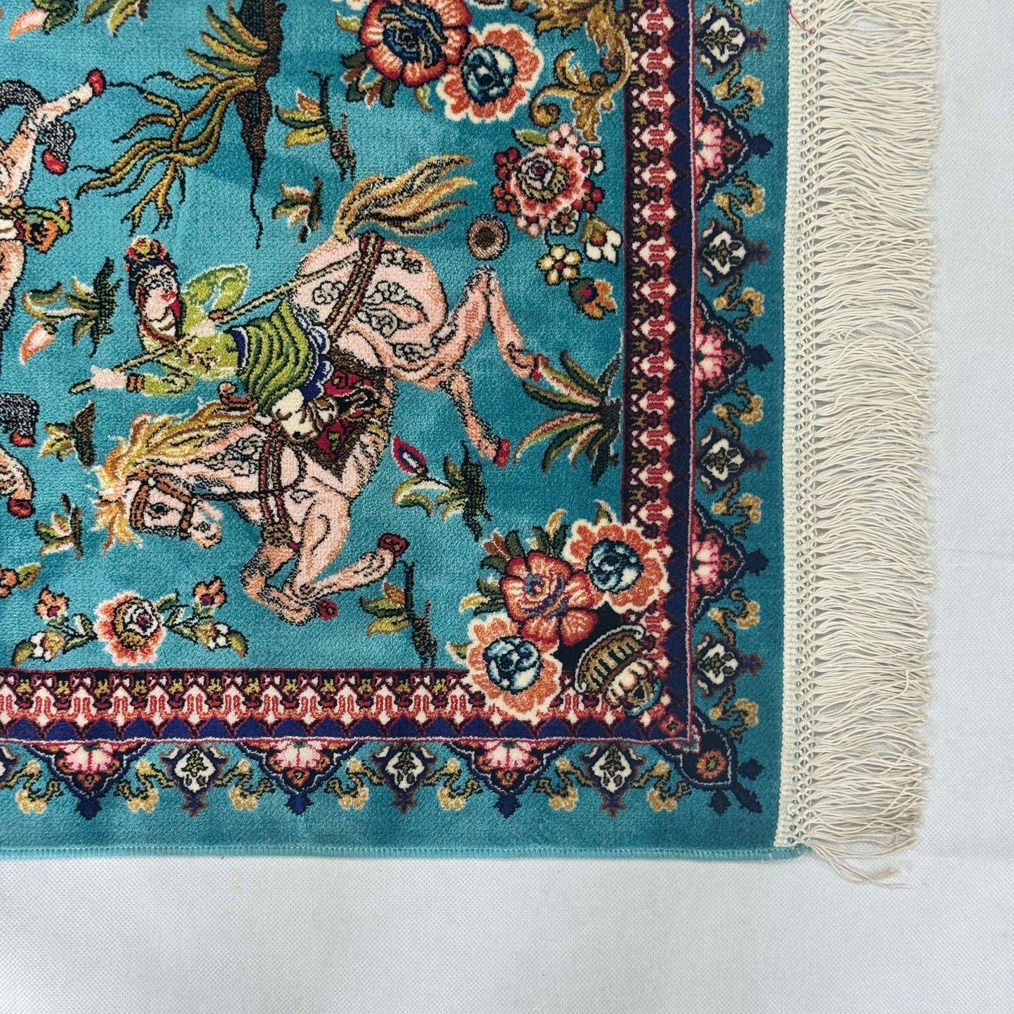 Persian Silk Hunting Scene Rug 2 ft x 3 ft | Teal Floral Equestrian