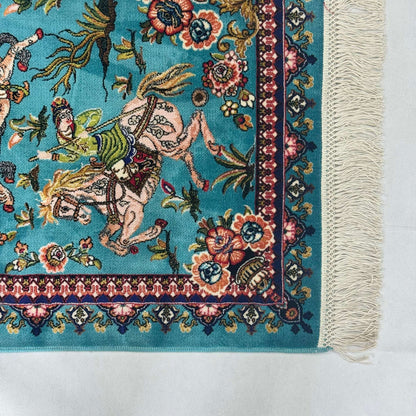 Persian Silk Hunting Scene Rug 2 ft x 3 ft | Teal Floral Equestrian
