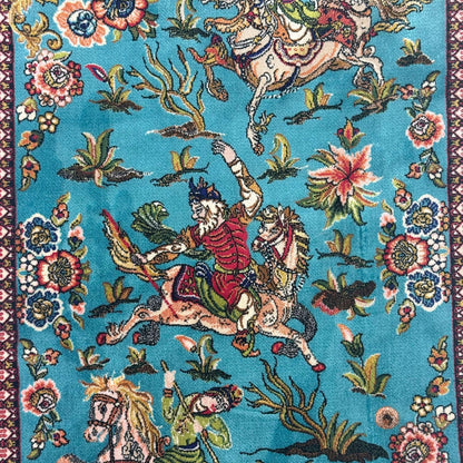 Persian Silk Hunting Scene Rug 2 ft x 3 ft | Teal Floral Equestrian