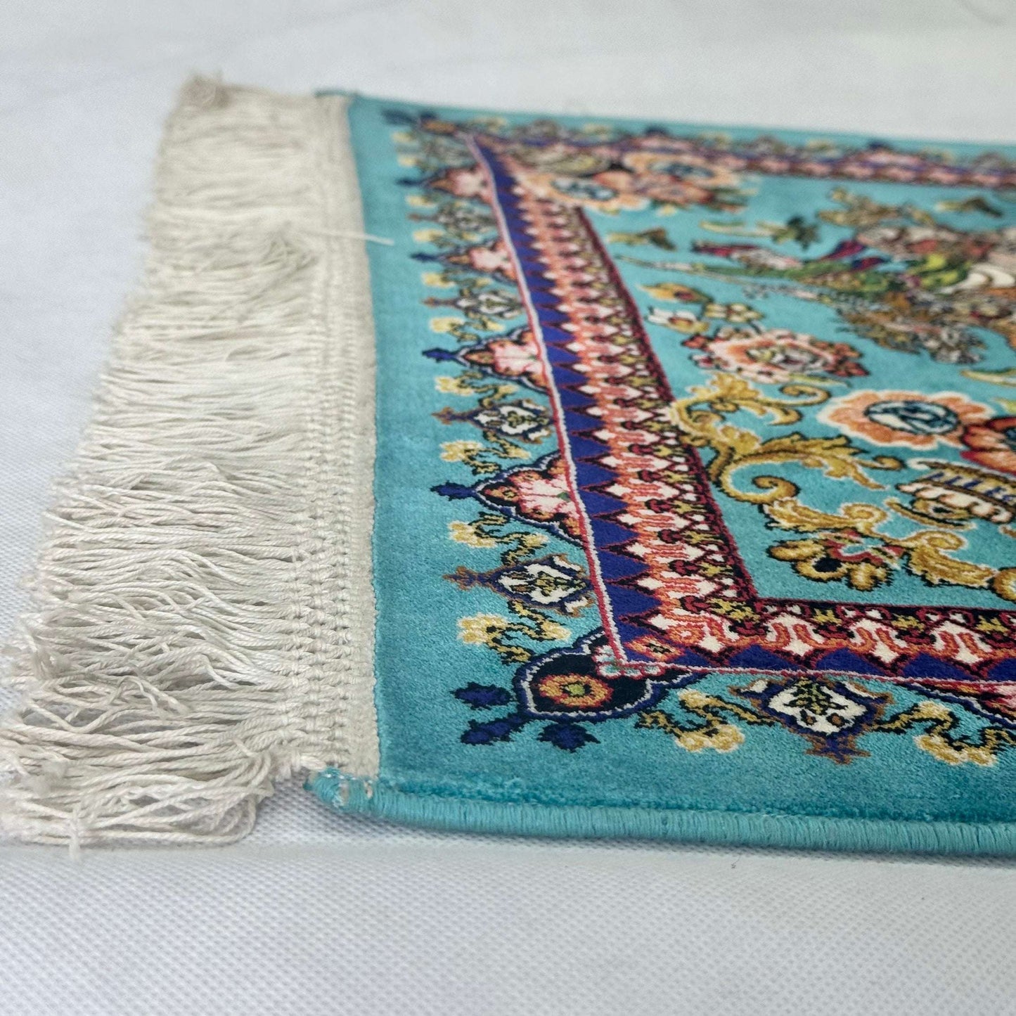 Persian Silk Hunting Scene Rug 2 ft x 3 ft | Teal Floral Equestrian