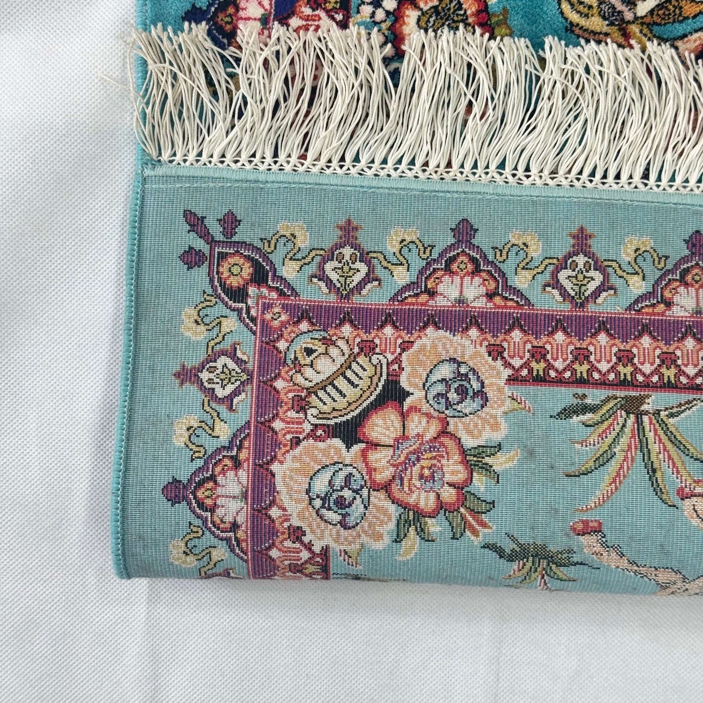 Persian Silk Hunting Scene Rug 2 ft x 3 ft | Teal Floral Equestrian