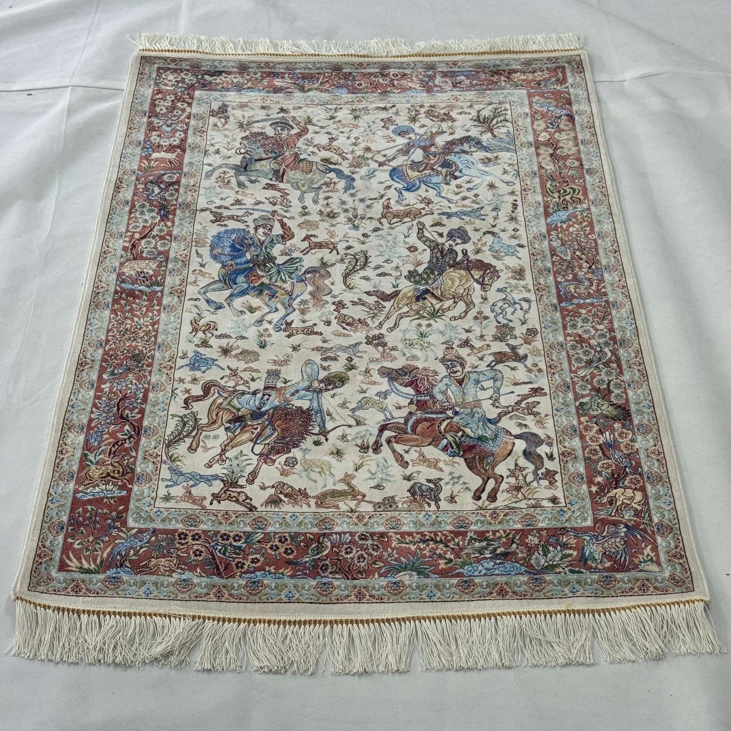 Persian Silk Hunting Scene Rug 2.5 ft x 4 ft | Pure Silk Abresham